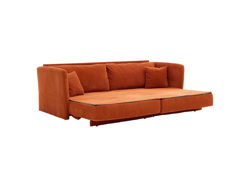  Canapé convertible 2 places avec couchage d'appoint, accoudoirs en bois et pieds métalliques en velours côtelé orange  - Conforama A