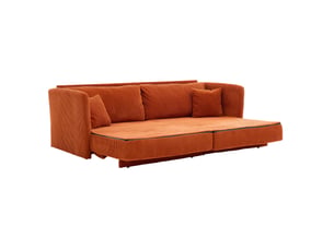 Canapé convertible 2 places avec couchage d'appoint, accoudoirs en bois et pieds métalliques en velours côtelé orange