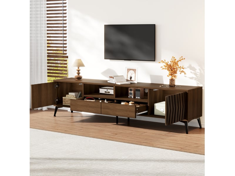  Meuble tv modenvie rétro 180 x 35 x 45 cm décor noyer 2 portes 2 tiroirs  - Conforama D
