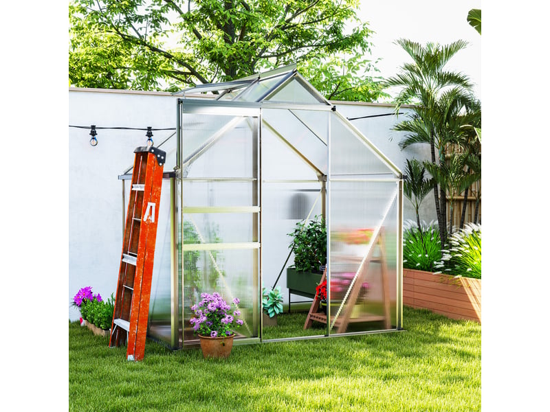  Serre en polycarbonate et aluminium avec porte à charnières et fenêtre de toit, 192,5 x 131 x 200 cm, argent  - Conforama D