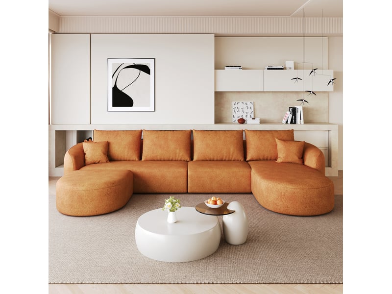 Canapé d’angle panoramique en u 5 places en tissu chenille orange, 336x168x85 cm - Conforama W