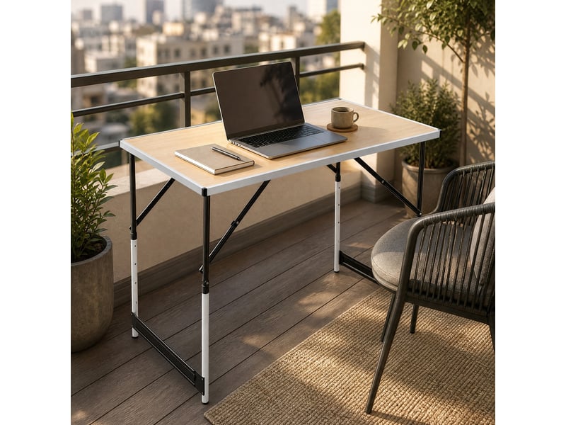  Table de camping pliante ulevr à hauteur réglable, 100 x 60 cm, 4 hauteurs de 73 à 94 cm, plateau mdf, structure en aluminium, chêne clair  - Conforama B