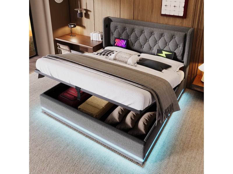  Lit coffre hydraulique 180 x 200 cm gris en coton, led 3 côtés, usb type-c  - Conforama B