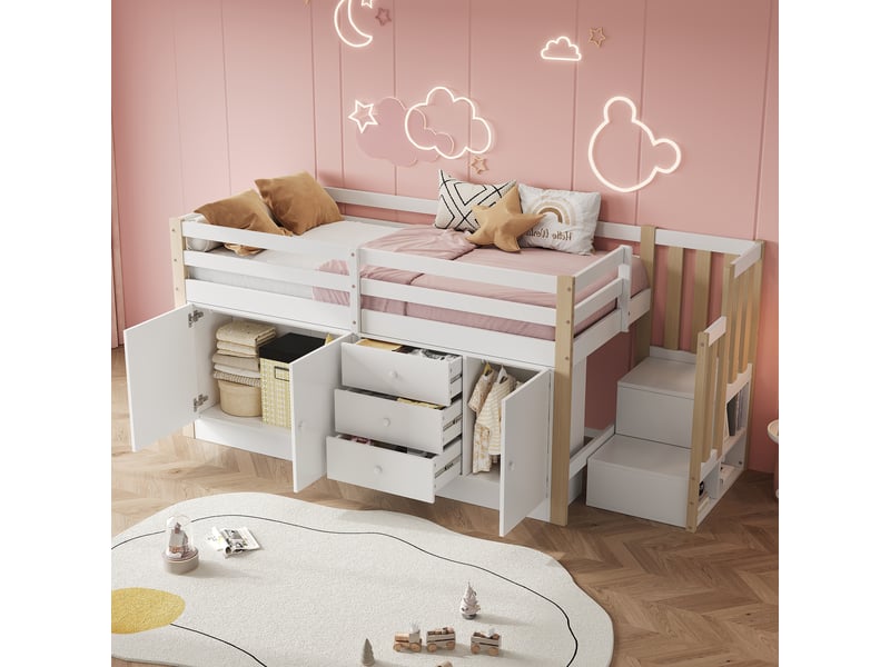  Lit mezzanine enfant 90x200 blanc avec escalier et rangements - mdf massif  - Conforama B