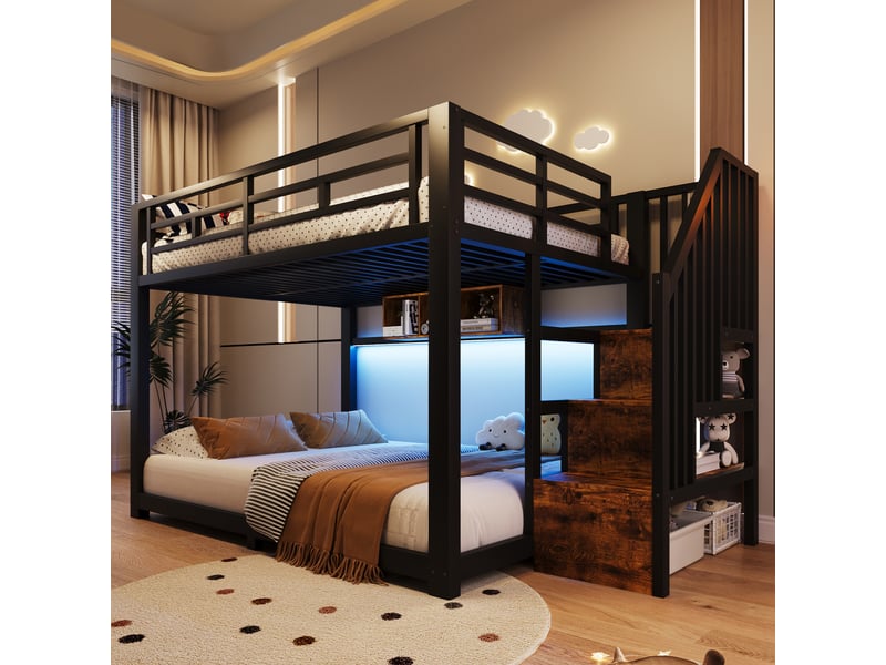  Lit superposé 140 x 200 cm, avec led, escalier avec rangement, 3 compartiments, garde-corps, sans matelas, métal, noir OMNIGLINT TRADING LTD - Conforama B