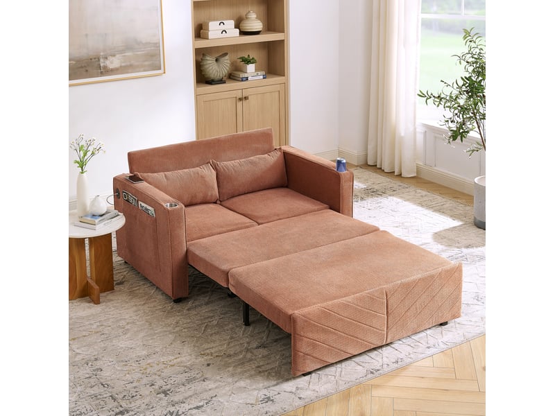 Canapé convertible 2 places ulevr 3-en-1 coulissant avec ports usb, 195 x 134 x 73 cm, tissu orange - Conforama D