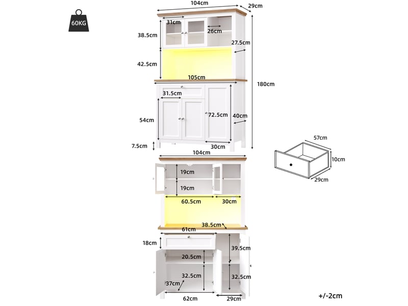  Buffet haut 104 x 40 x 180 cm blanc en mdf, 5 portes, éclairage led à couleurs variables par application  - Conforama C