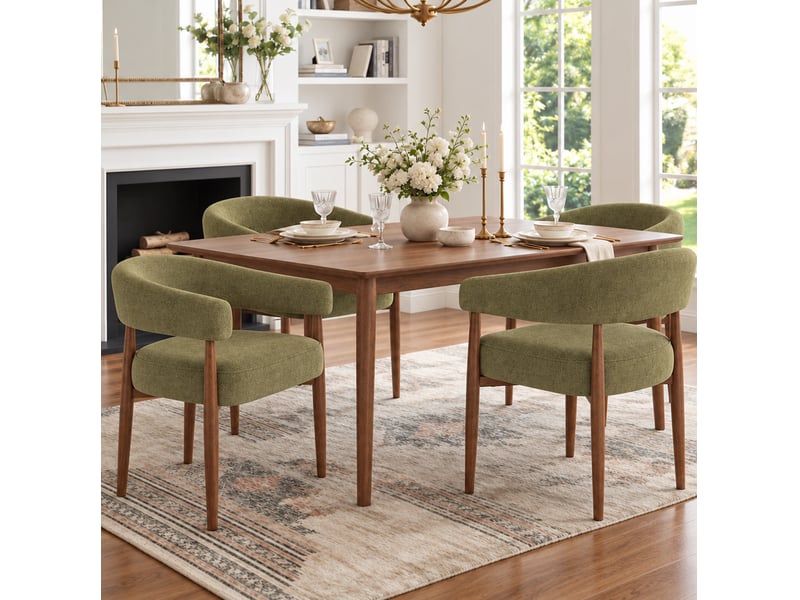 Lot de 2 chaises de salle à manger avec accoudoirs, chenille vert olive et aspect noyer - Conforama B