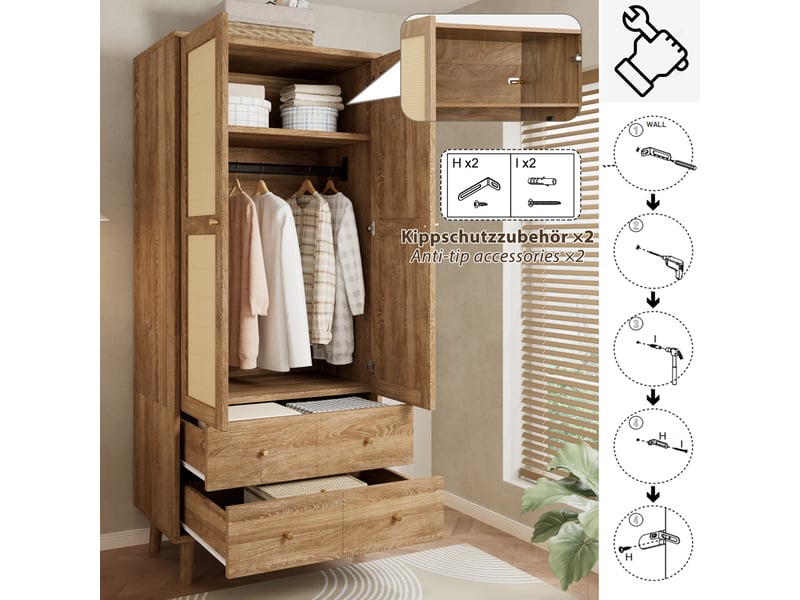 Armoire avec penderie, étagères et 2 tiroirs, façades effet rotin pour chambre en mdf 80×50×180 cm noyer naturel - Conforama E