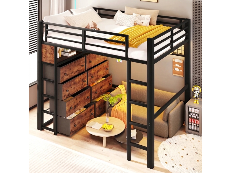  Lit mezzanine 140x200 avec 8 tiroirs et led métal noir  - Conforama D