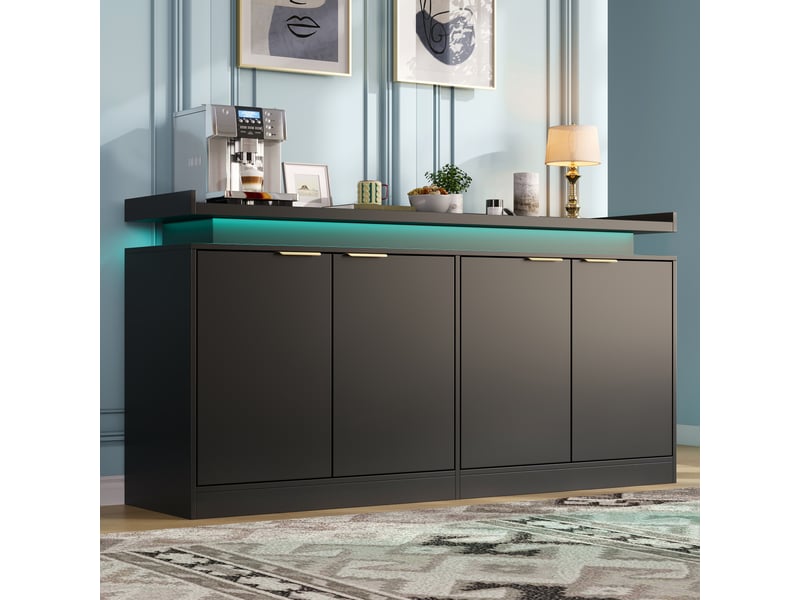  Buffet noir 4 portes mdf, meuble rangement cuisine avec éclairage led intégré, dimensions 160x39x83 cm  - Conforama B