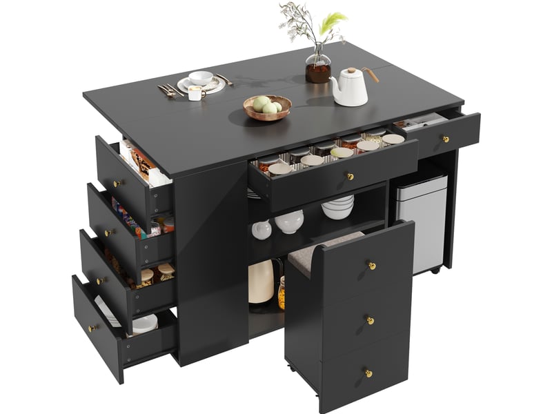 Îlot de cuisine noir avec 6 tiroirs et tabouret mobile, 140x40x89 cm - Conforama A