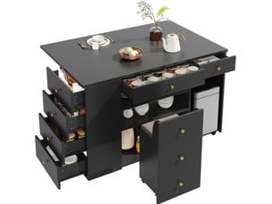 Îlot de cuisine noir avec 6 tiroirs et tabouret mobile, 140x40x89 cm