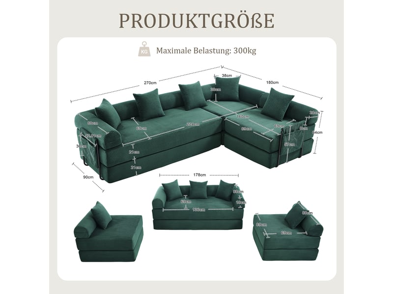 Canapé modulaire en velours côtelé vert émeraude 270x180x64 cm avec rangement latéral intégré - Conforama C