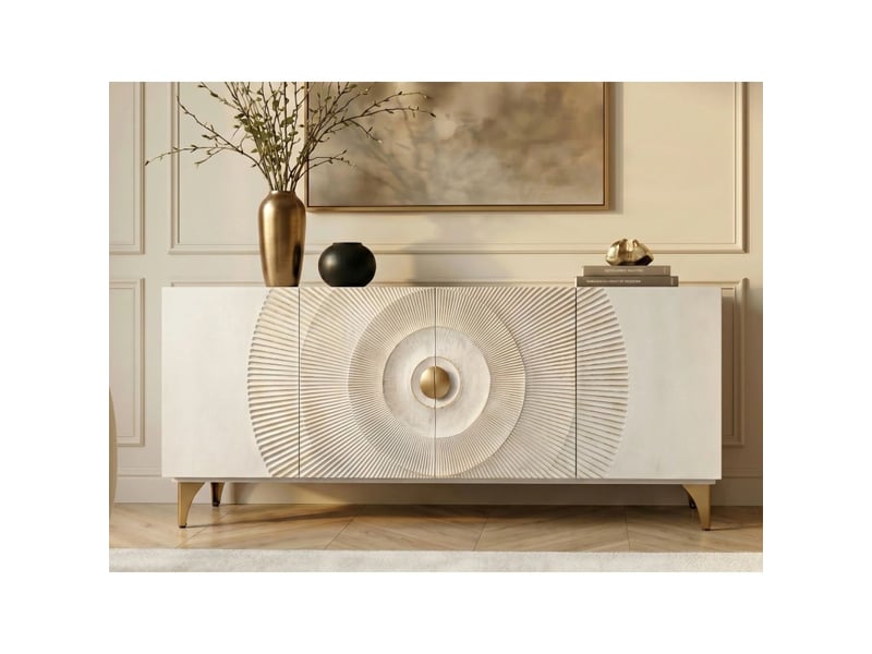  Buffet solaris 177 cm blanc et doré – 4 portes sculptées motif solaire en bois de manguier  - Conforama D