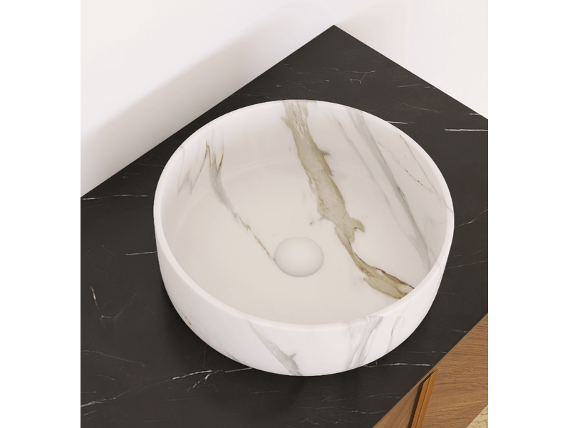  Vasque à poser ronde en céramique avec motif pierre pour salle de bain, finition blanc pierre  - Conforama E