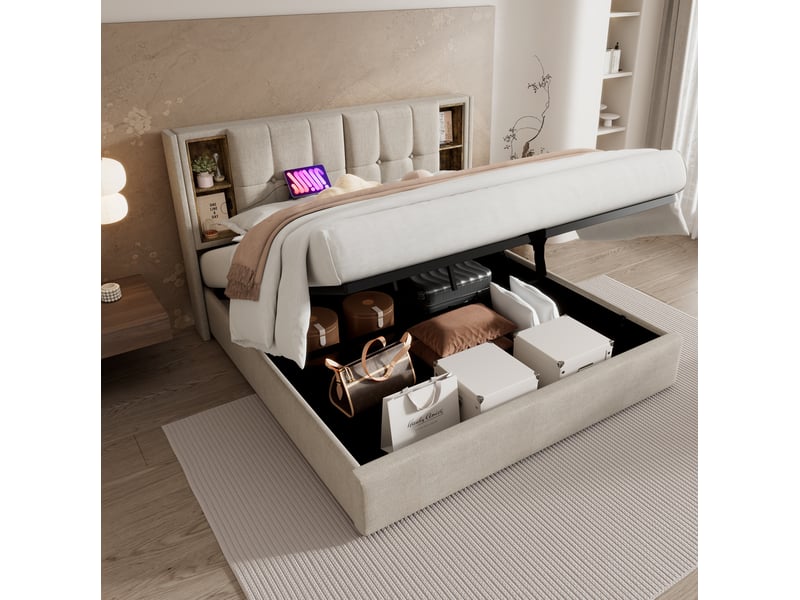  Lit coffre 160x200 avec charge sans fil, usb et rangement evryae  - Conforama C