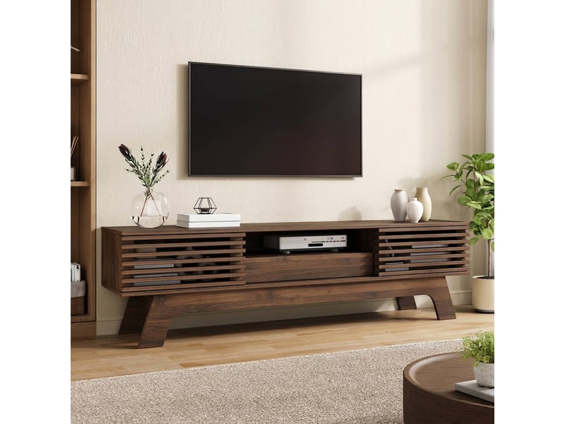  Meuble tv 165 cm mdf noyer avec 4 tiroirs et 2 portes coulissantes coins arrondis  - Conforama B