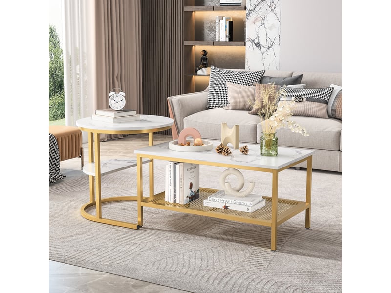  Table basse gigogne parent enfant 105x50x51 cm dorée bois inox avec rangement et panier métallique evarich - Conforama D