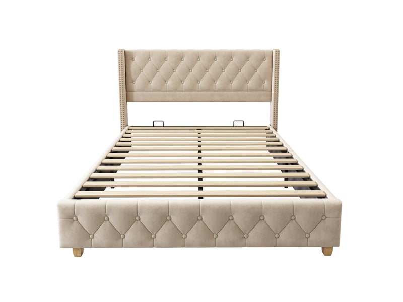  Lit capitonné 160 x 200 cm avec sommier à lattes et tête de lit, capitonnage à boutons et clous décoratifs, pieds en bois, velours, beige clair  - Conforama D