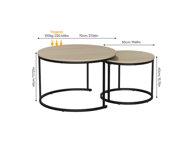  Set de 2 tables basses gigognes rondes effet chêne, ø 70 cm, pieds métal, style moderne  - Conforama C