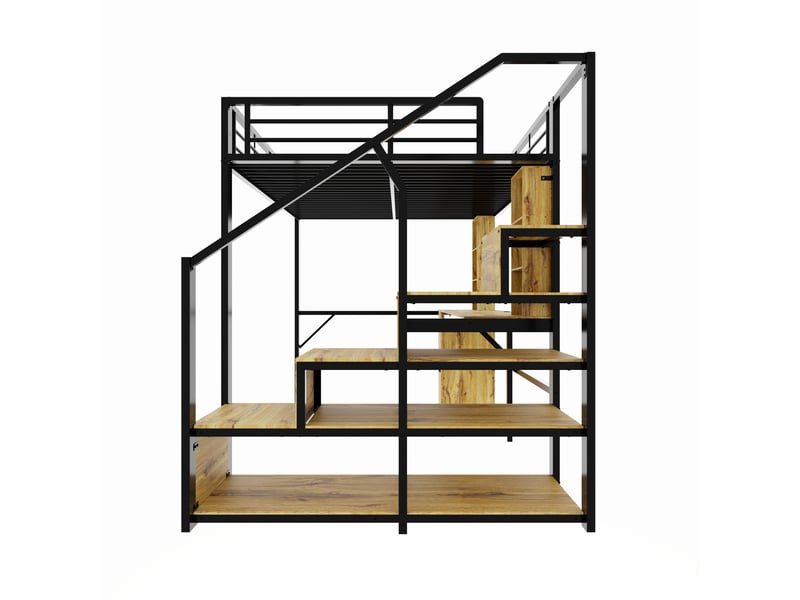  Lit mezzanine 140 × 200 cm noir, bureau usb, armoire et escalier avec rangement IKSETERA TRADING LTD - Conforama R
