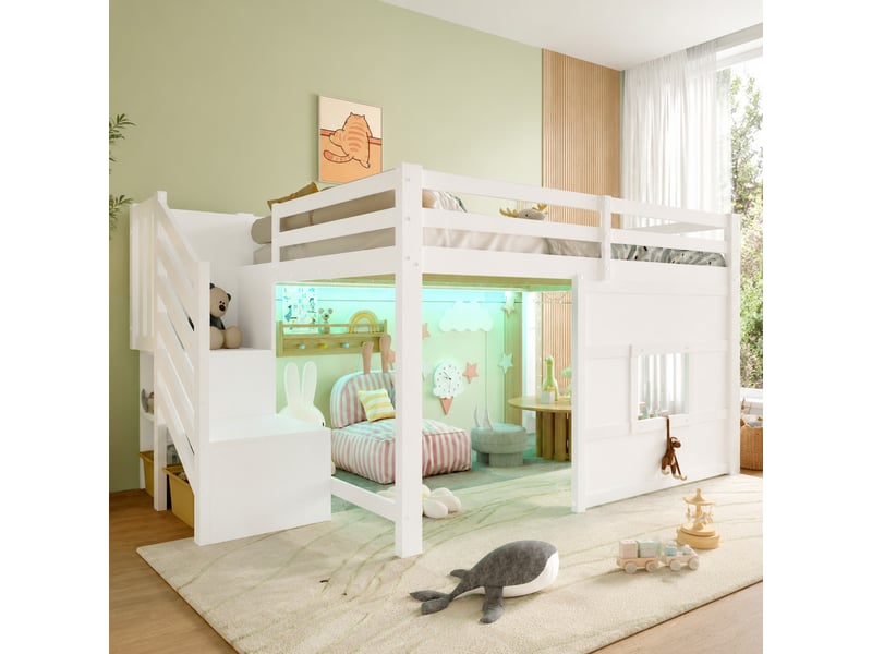 Lit mezzanine 200×140 cm avec escalier de rangement, fenêtre et éclairage led, en bois et mdf blanc - Conforama B
