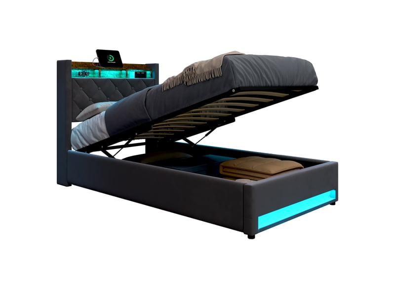 Lit simple 90 × 190 cm avec coffre, usb et led réglable, rangement intégré, sans matelas, en velours gris - Conforama A