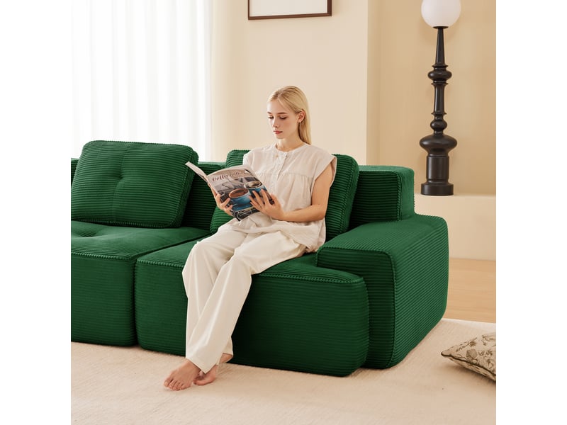  Canapé d’angle modulable profond velours côtelé vert – 295 x 295 x 69 cm Fay Lum - Conforama E