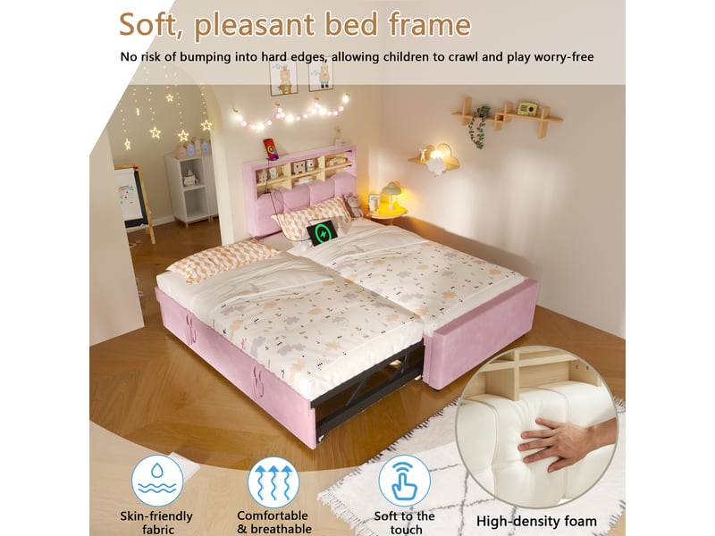  Lit banquette extensible 90x200180x200 cm en velours rose avec usb-c, niche de rangement ouverte et fonction canapé lit Morn Vibe - Conforama D