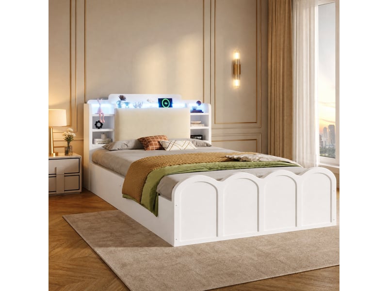  Lit enfant coffre 90x200 cm hydraulique en pin blanc avec led, usb et usb-c  - Conforama B