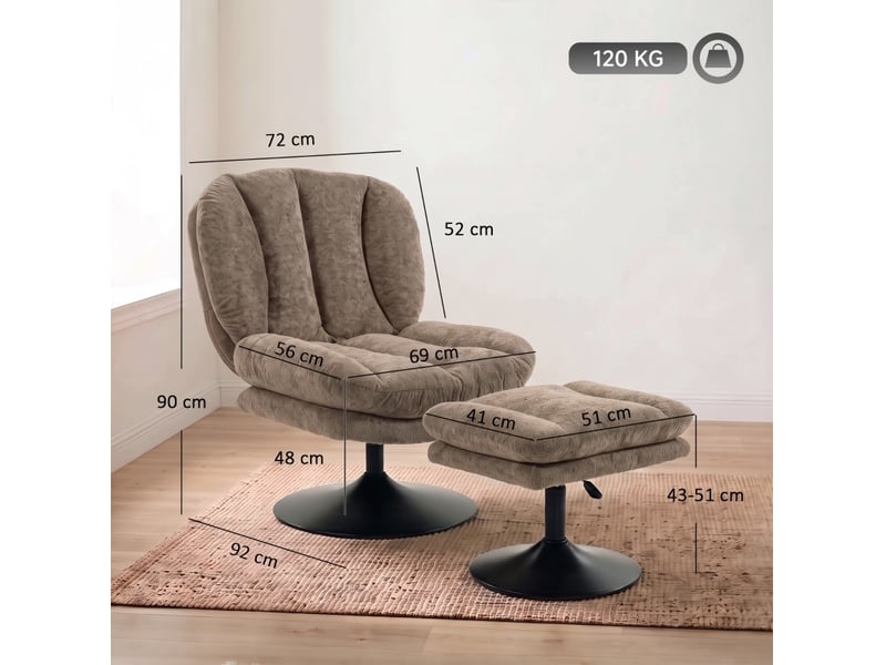  Fauteuil pivotant 360° avec repose-pieds réglable 92x72x90 cm velours marron  - Conforama C