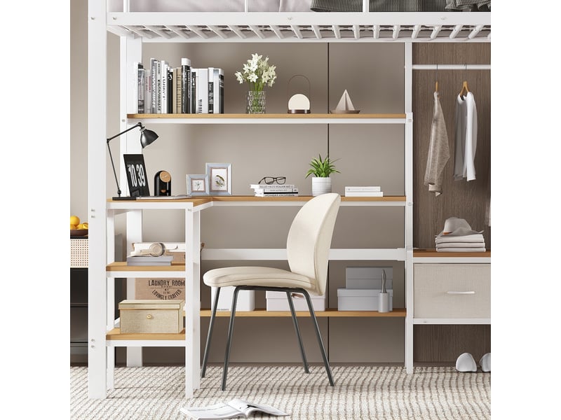  Lit superposé en métal et mdf 90x200 cm blanc et naturel avec bureau étagère de rangement échelle inclinée quatre marches et deux boîtes de rangement en tissu Sol Morn - Conforama D
