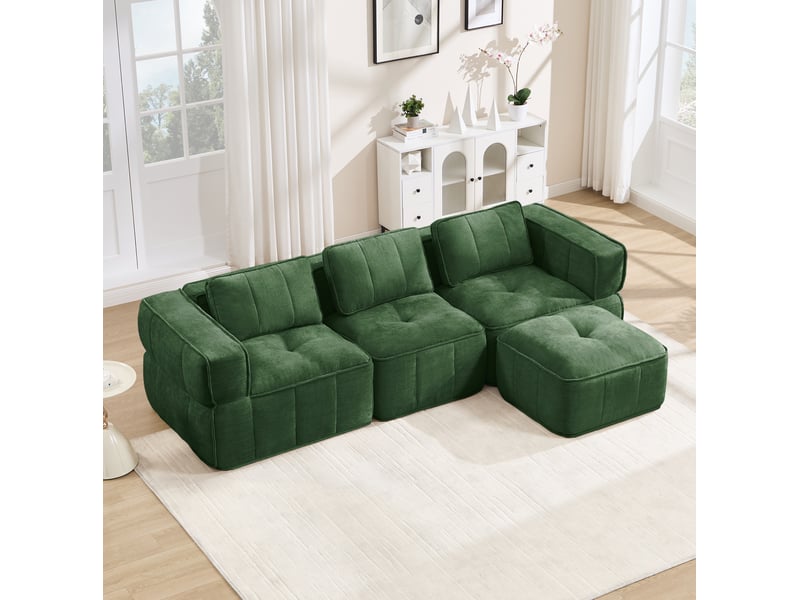 Canapé d'angle modulaire 3 places avec pouf, assise profonde et base antidérapante en polyester vert - Conforama E