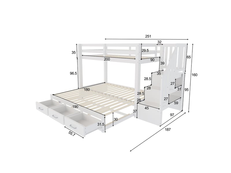 Lit superposé 90x200, lit gigogne extensible 90180x190cm avec escalier de rangement et tiroirs de lit, pour chambre enfant et adolescent, blanc - Conforama E