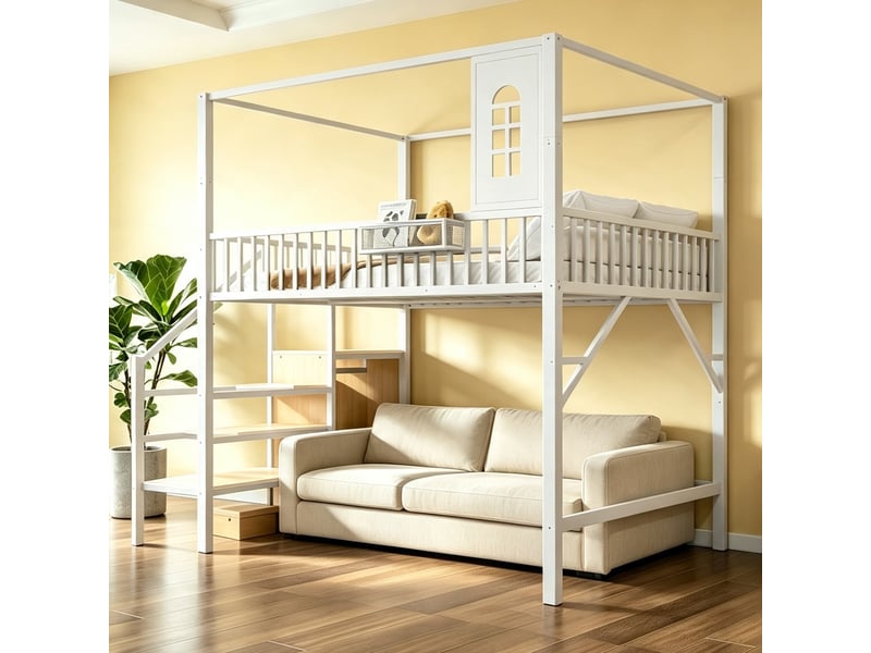 Lit mezzanine métal 140x200 cm, lit multifonction avec cadre supérieur et échelle de sécurité, lit créatif pour ado et adulte - Conforama E