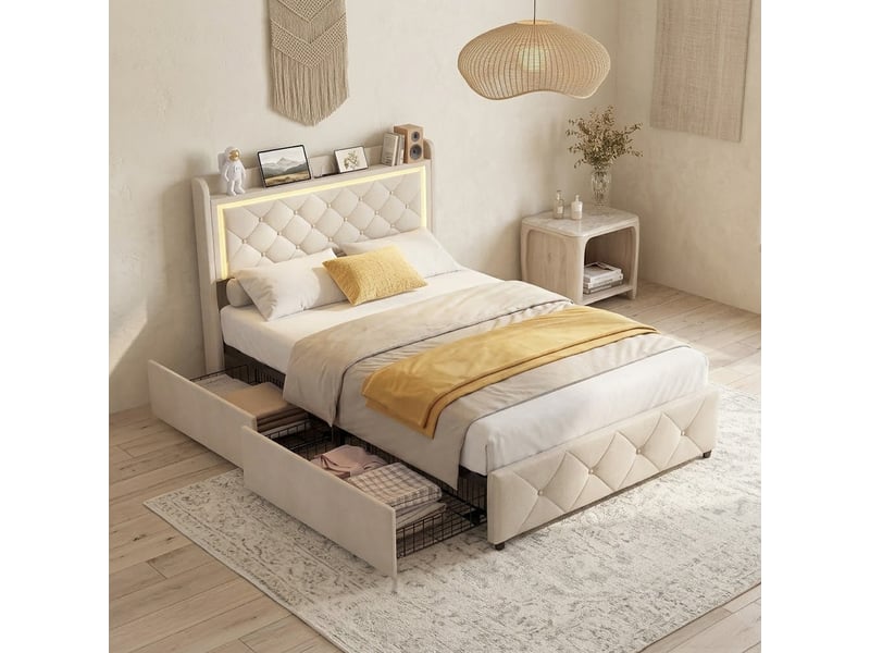  Lit simple 90x200 cm avec éclairage led et usb, lit enfant avec 2 tiroirs, tete de lit rembourré avec espace de rangement, sommier à lattes, beige  - Conforama E