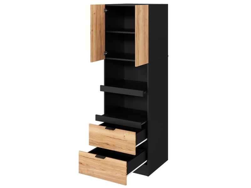  Armoire de cuisine haute 59,5 x 45 x 200 cm – noire – 2 tiroirs, niches coulissantes et anti-basculement  - Conforama E