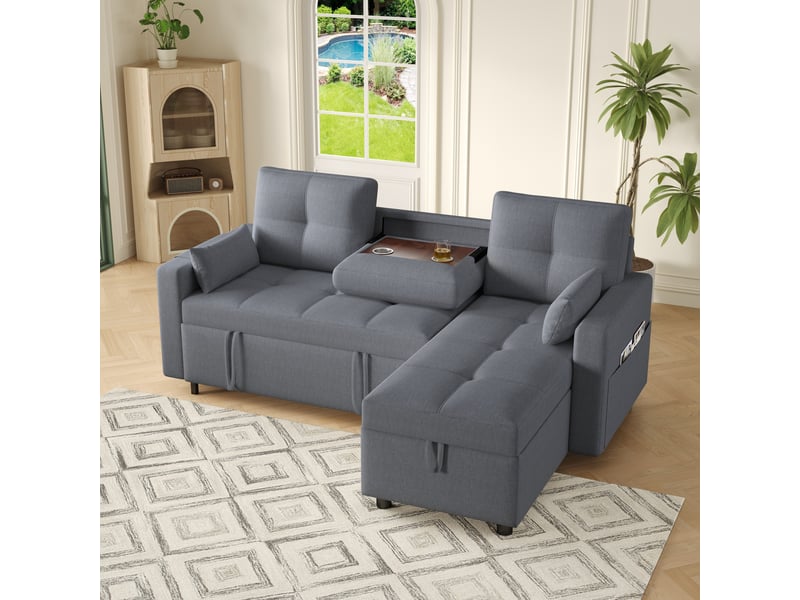 Canapé d'angle en forme de l convertible, doté d'un espace de rangement intégré et d'un porte-gobelet rabattable ; adapté aux salons et aux espaces similaires-gris - Conforama E