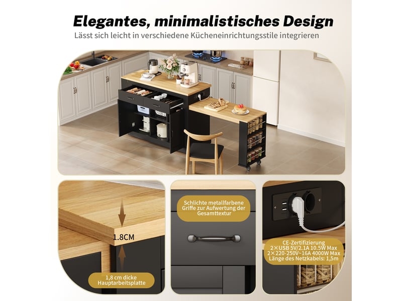  Îlot de cuisine extensible avec double plan de travail, chariot de cuisine mobile sur roulettes, 142-340cm, noir  - Conforama R