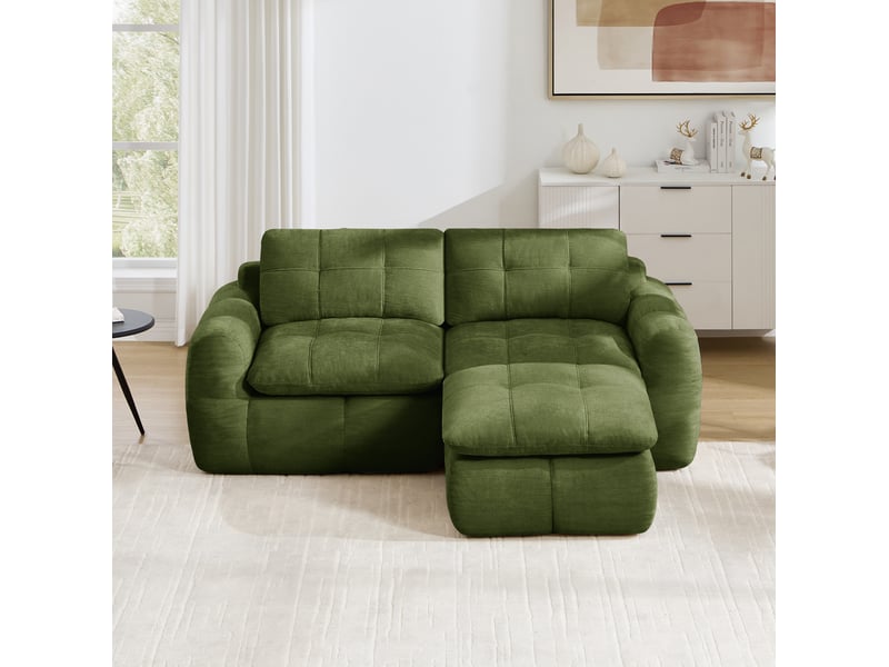  Canapé d'angle modulable 2 places avec ottoman sans cadre, en chenille verte  - Conforama B
