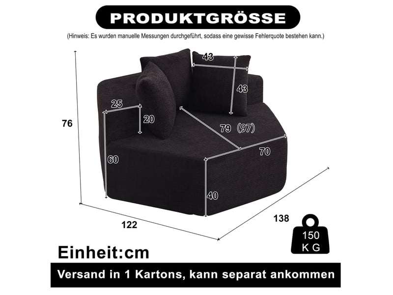  Fauteuil pouf modulaire hexagonal 1 place avec 3 coussins et dessous antidérapant en chenille noire  - Conforama C