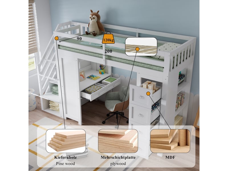  Lit mezzanine enfant, lit simple 90×200 cm, bureau, 6 tiroirs et étagères - okmyhome- blanc, sans matelas  - Conforama E