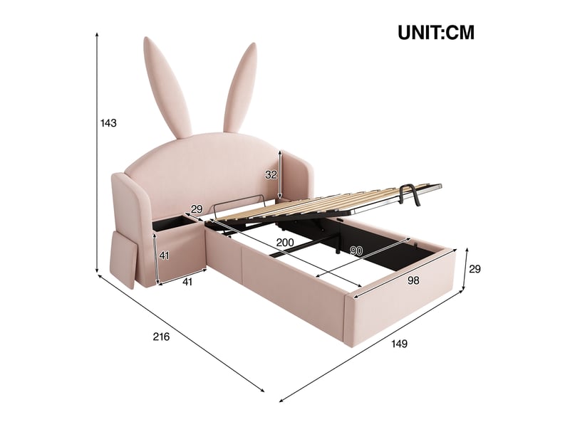 Lit enfant coffre 90 x 200 cm rose en velours, tête de lit oreilles de lapin - Conforama C