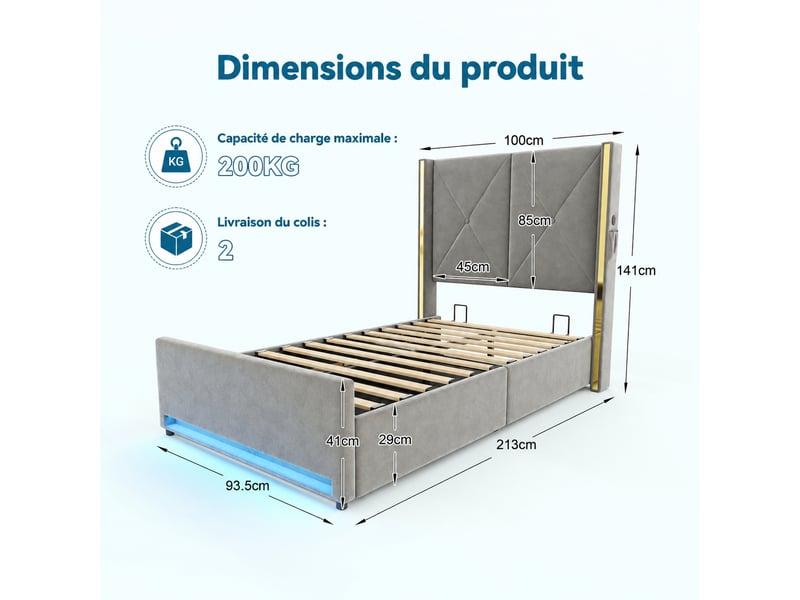  Lit coffre 90 x 200 cm en velours gris foncé, tête haute capitonnée, ouverture hydraulique, usb, usb-c et led  - Conforama C