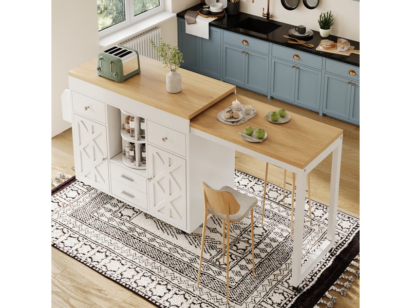 Table de bar extensible en mdf blanc, chariot de cuisine à roulettes avec plateau réglable 110-180 cm et rangements, pour salle à manger - Conforama D