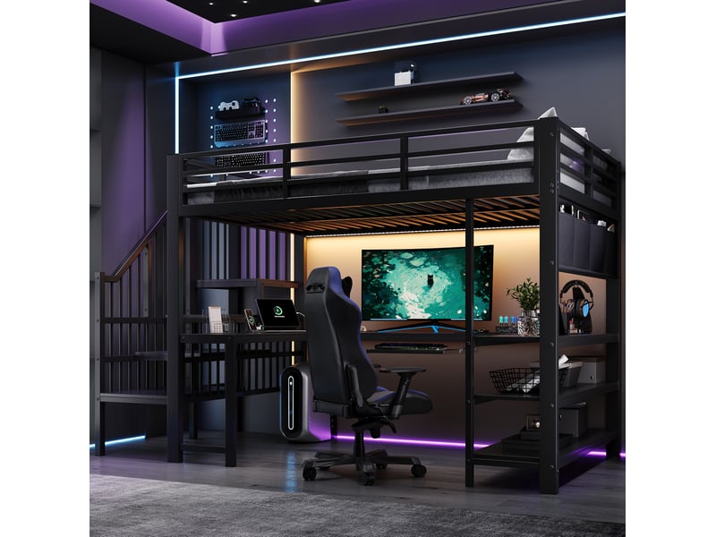  Lit mezzanine gaming adulte 120x200 cm noir métal et mdf, bureau en u, escalier, led, prise eu et rangements  - Conforama B