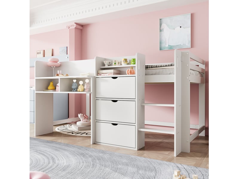 Lit mi-hauteur enfant 90 x 200 cm blanc avec rangements et espace bureau - Conforama C