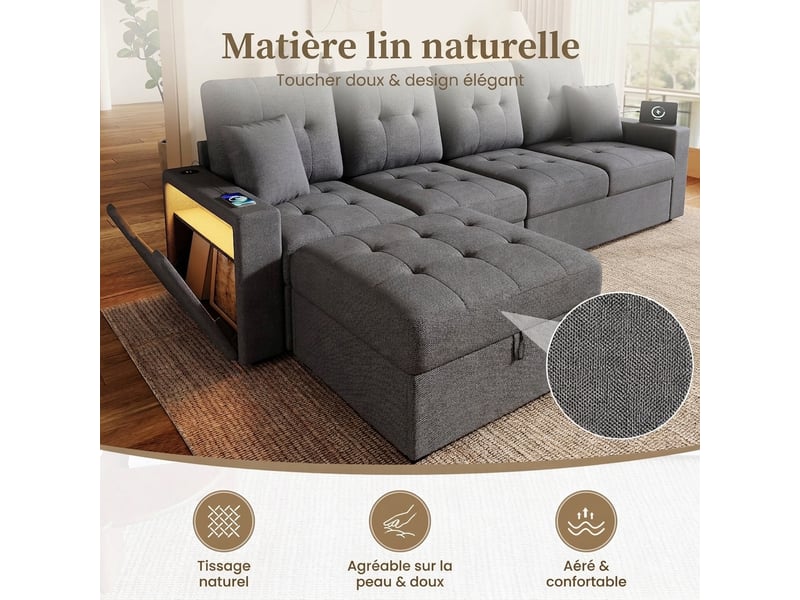  Canapé d'angle modulable 4 places avec ports usb et usb-c sur les deux accoudoirs - coffre led  - Conforama R
