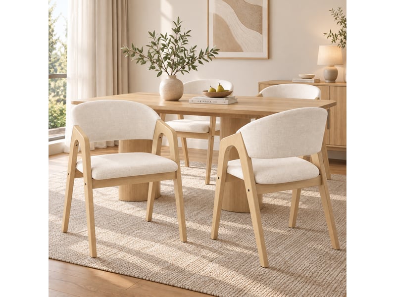  Chaise de salle à manger lot de 6 avec accoudoirs et dossier incurvé, assise rembourrée en bois naturel et lin beige  - Conforama E
